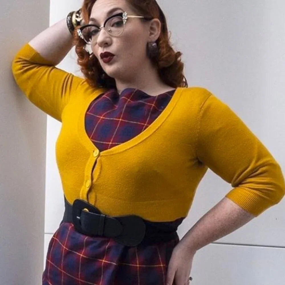 Medium New Mustard Retro Cropped 3/4 Sleeve Mak Cardigan ModCloth - Picture 2 of 6